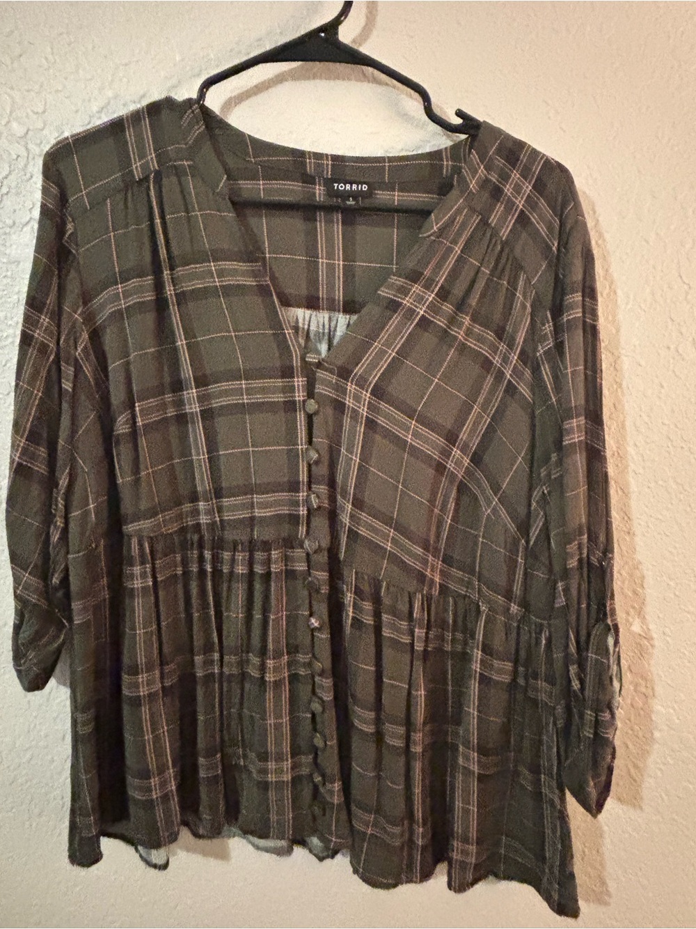 torrid Olive Plaid Button-Front Peplum Blouse